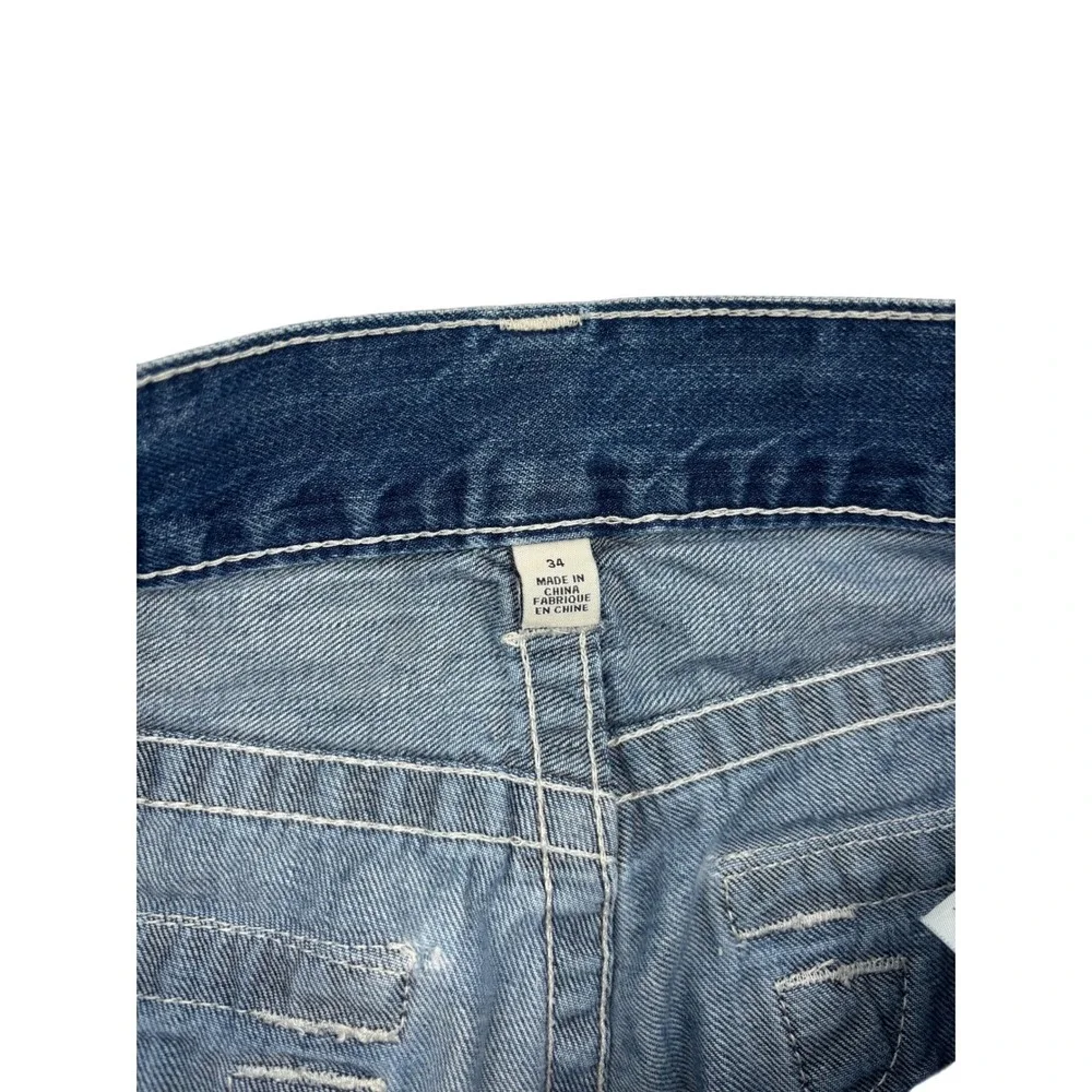 True Religion Straight Jeans Mens 34 Blue Distressed Ripped Denim Streetwear